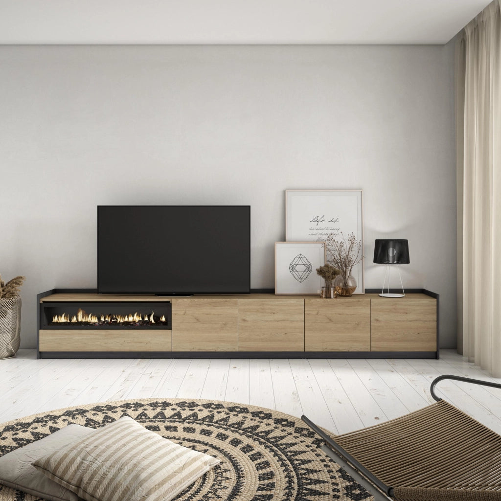 Mobile TV Soggiorno, 310x50x37 cm, Per TV fino a 80", Camino elettrico, Rovere e nero