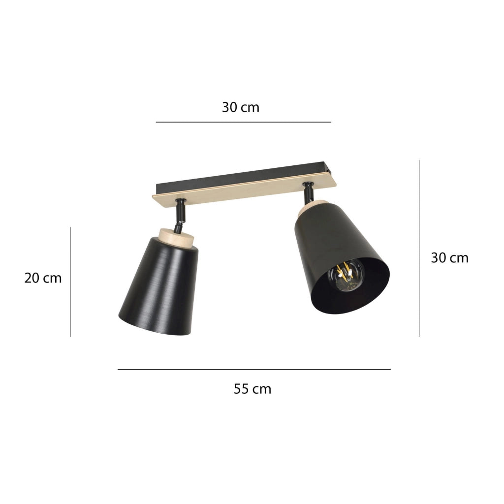 Plafoniera Emibig Atlas 2 luci E27 nero legno 55cm
