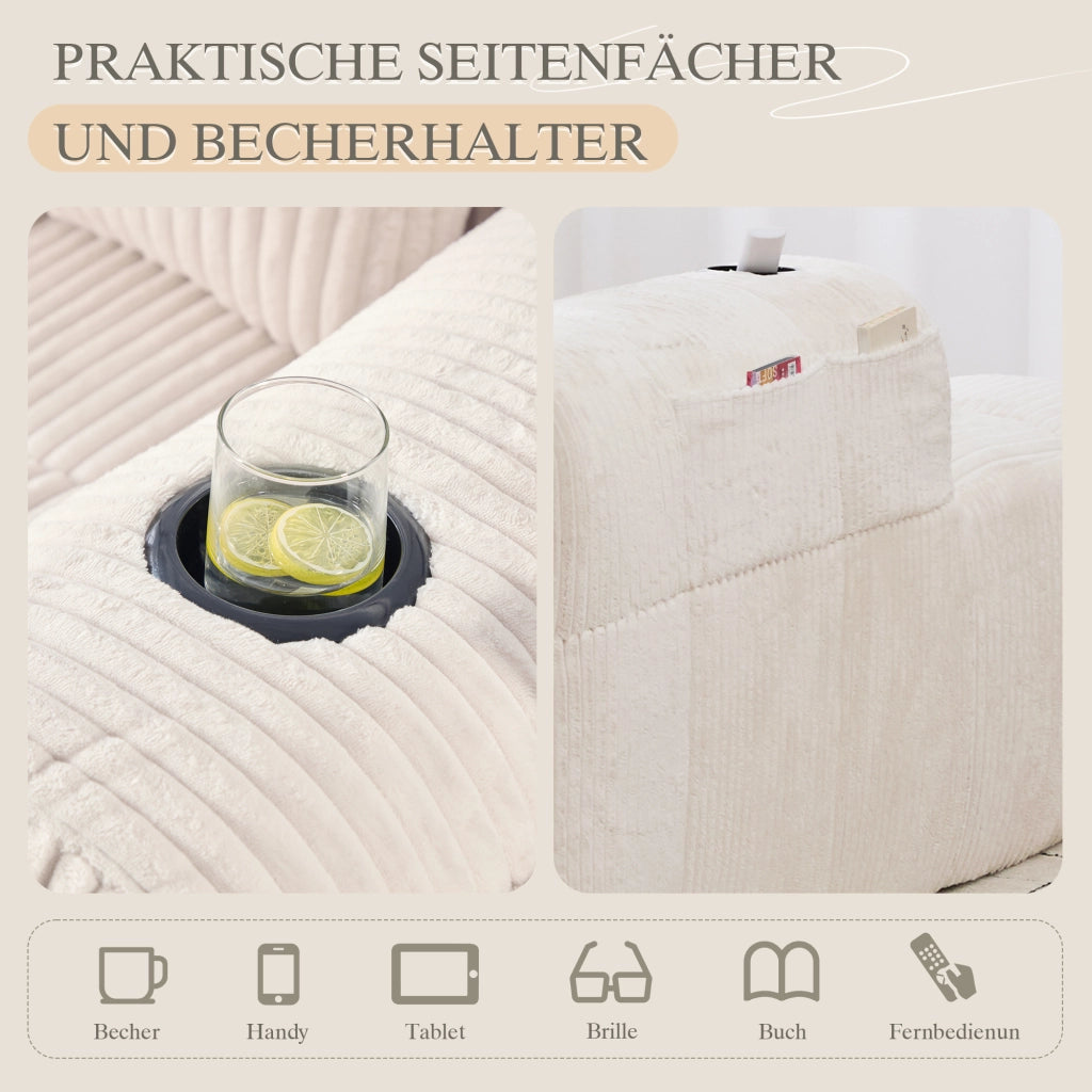 Fauteuil in corduroy con tasche laterali e portabicchieri, schiuma ad alta densità e struttura stabile, beige