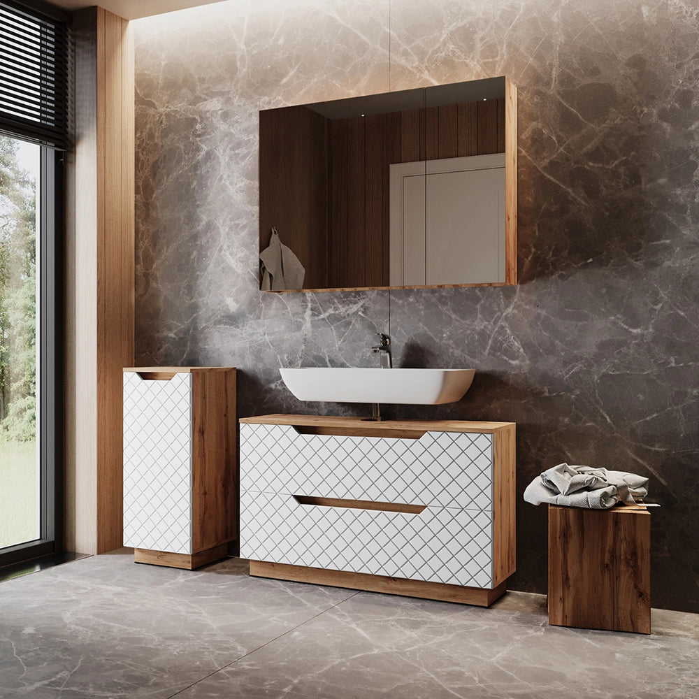 Vicco Set di mobili da bagno Rovere/bianco con struttura in piastrelle 3 parti