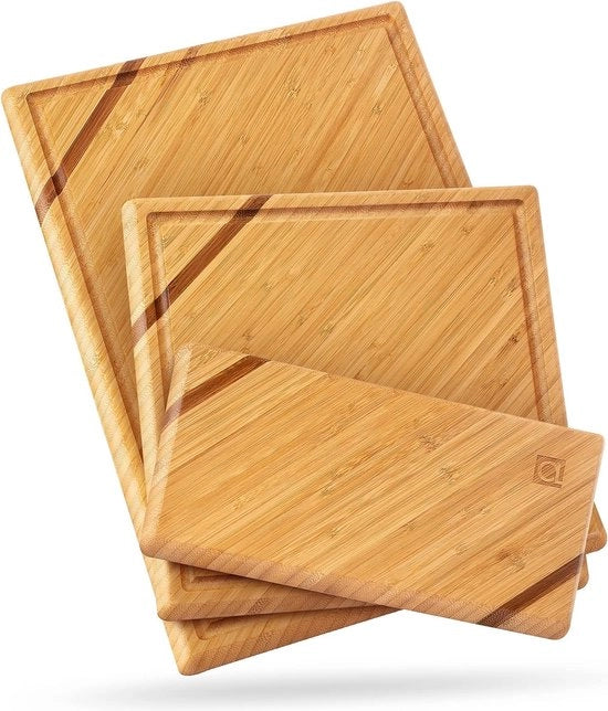Set di 3 tavoli di taglio in legno di bambù (lussuosi) con fessura per succhi per carne, verdure e formaggio - tavoli di taglio in legno di bambù disponibili in diverse misure