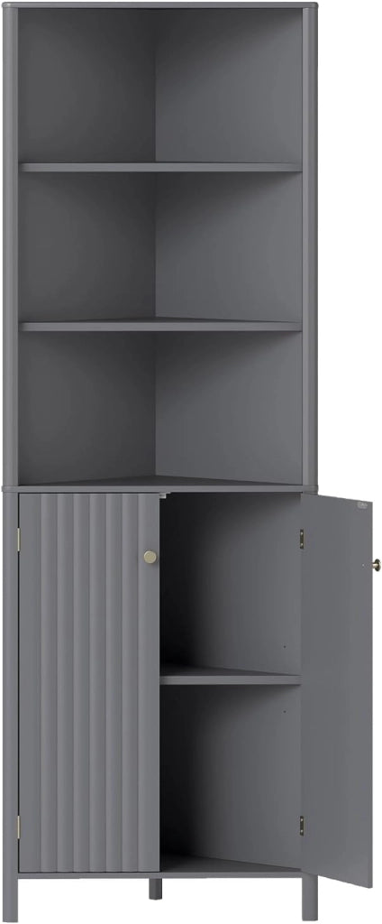 Armadietto da bagno, armadio angolare con 3 ripiani aperti & 2 ante, armadio con ripiani regolabili, mobile da bagno 42,5 x 42,5 x 172,5 cm (Grigio)