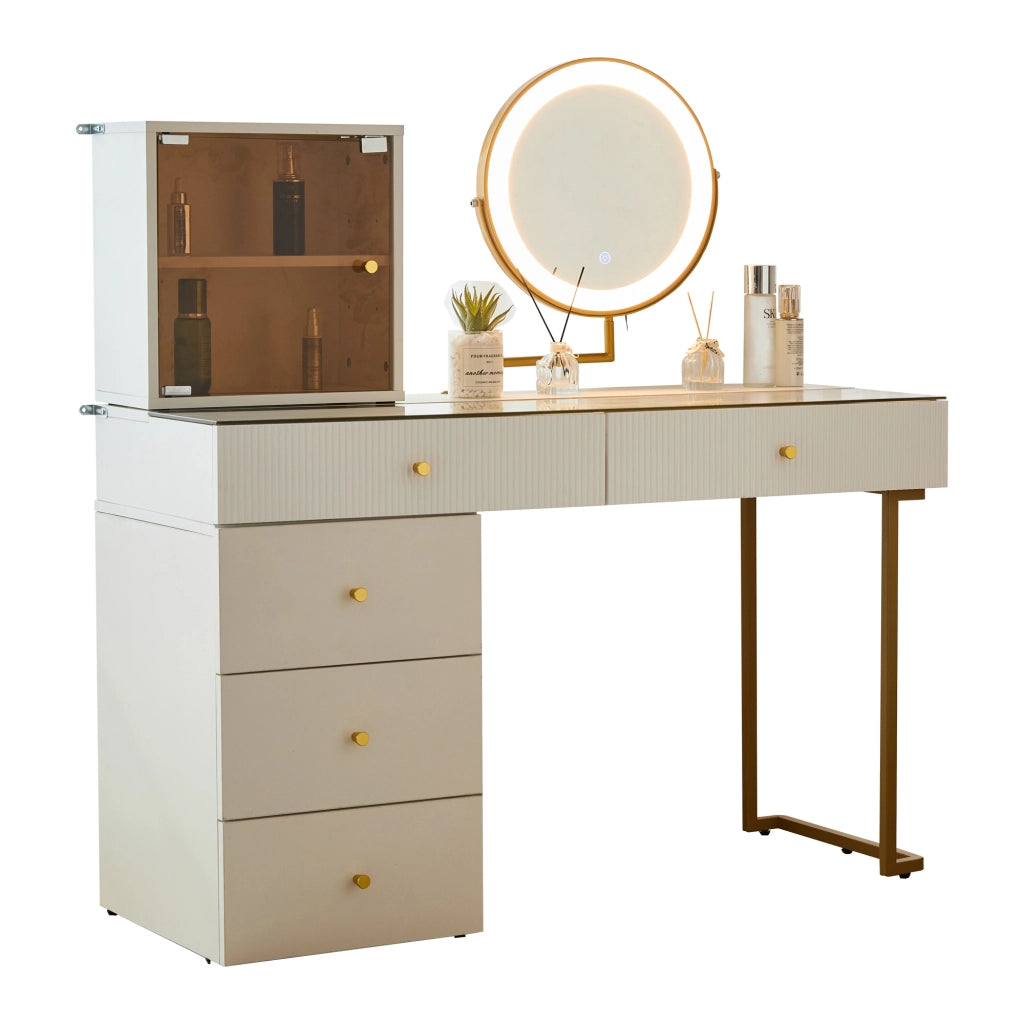 Set toeletta con specchio LED a 3 colori, piano in vetro, bianco e oro, 120 x 45 x 115 cm