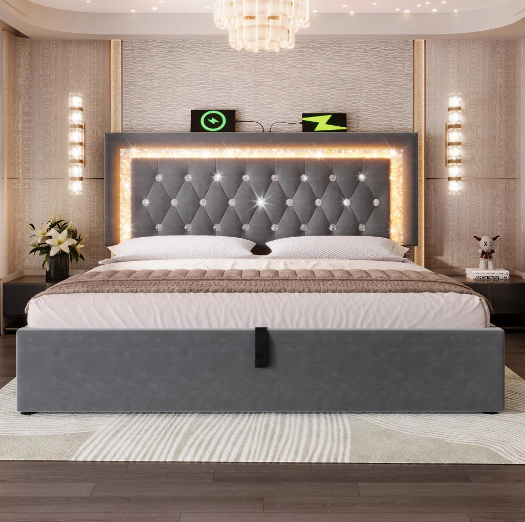 Letto matrimoniale 140x200 in velluto grigio con LED e materasso
