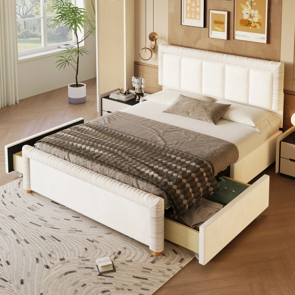 Letto imbottito 140x200 cm in velluto beige con 2 cassetti contenitore