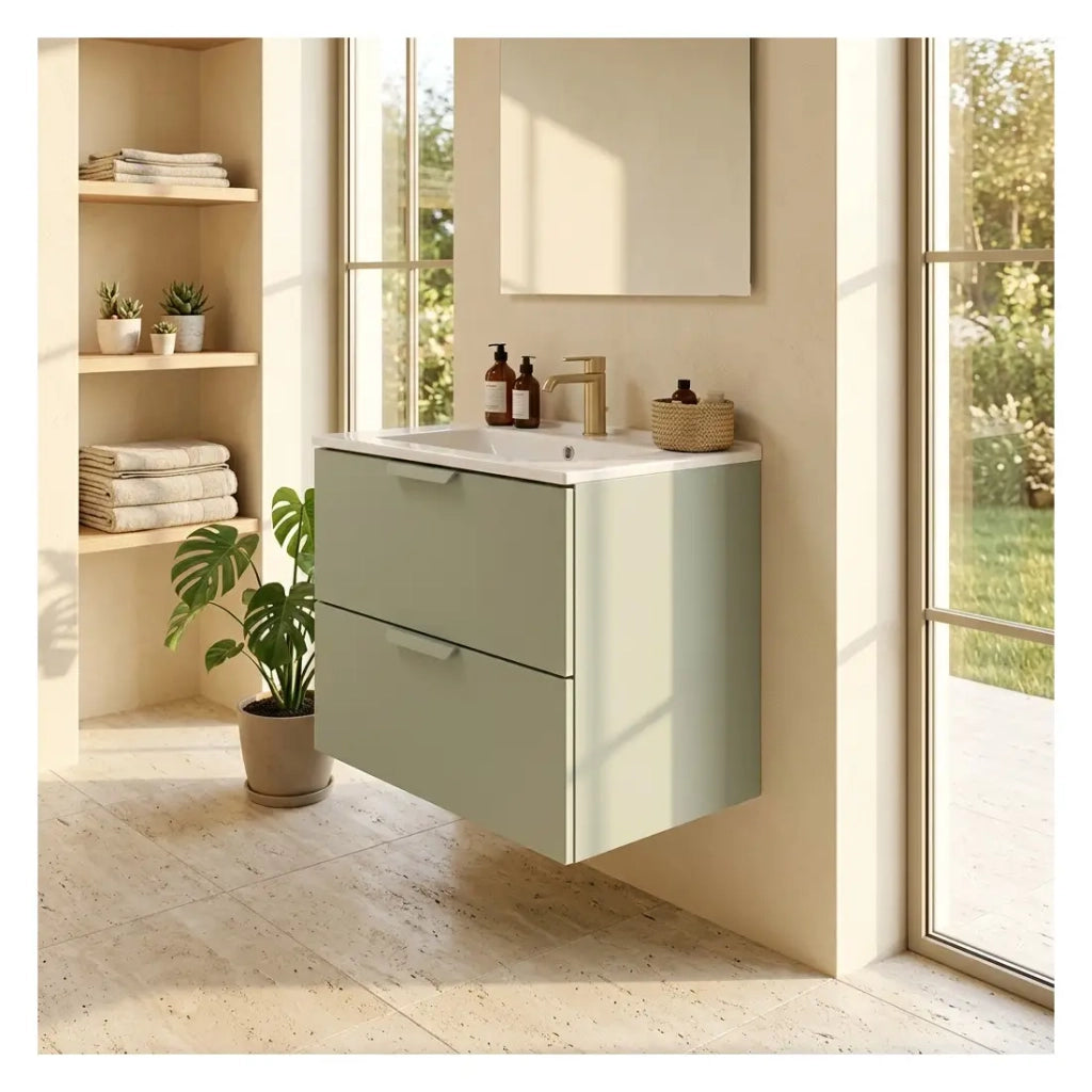 Set bagno sospeso OSTER 60cm: mobile sottolavabo con cassetti verde salvia + lavabo incassato bianco