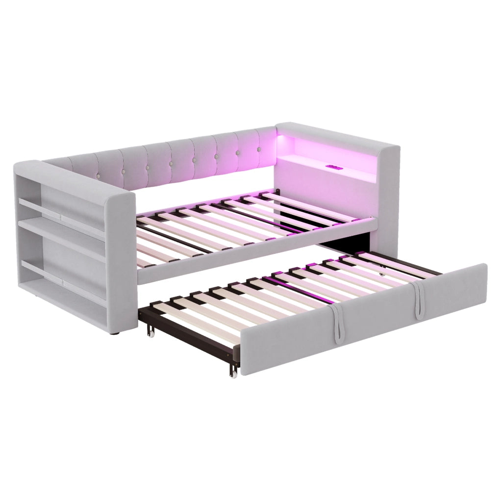 Divano letto 90/180x190 cm con LED multicolore, presa e vani contenitore grigio chiaro