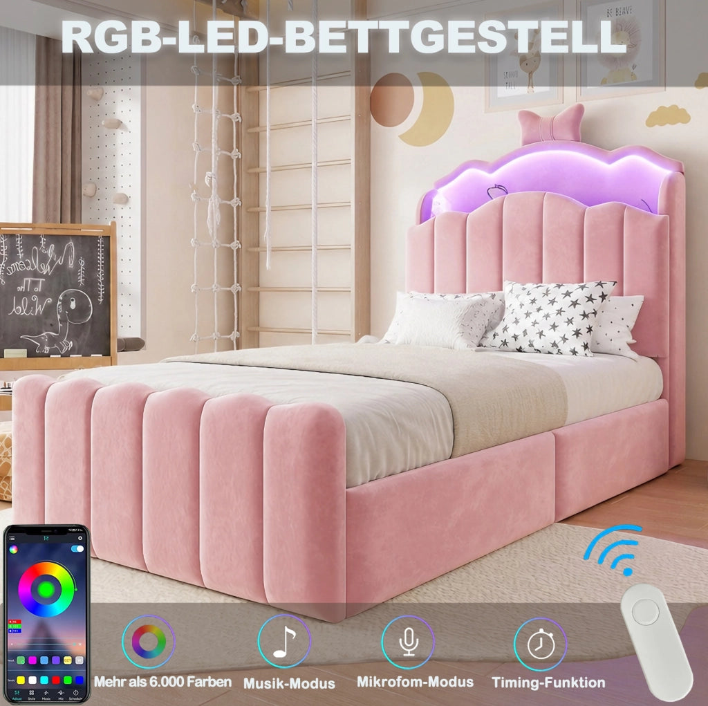 Letto multifunzione per bambini 90x200 cm rosa con LED e USB-C