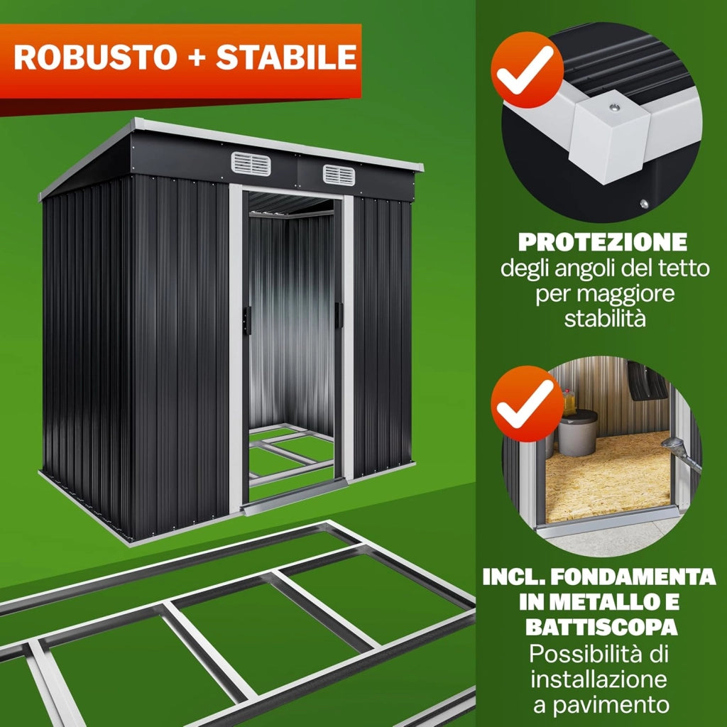 ® Casetta da Giardino Capanno Attrezzi Giardinaggio in Metallo 2m² con Fondamenta 200x125x180cm Porta Scorrevole Casetta per Attrezzi verde Capanna da Esterno 4m³
