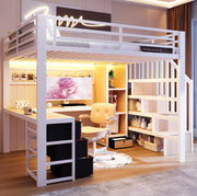 Letto a soppalco 140x200 cm in metallo e MDF bianco con scrivania; LED e contenitore