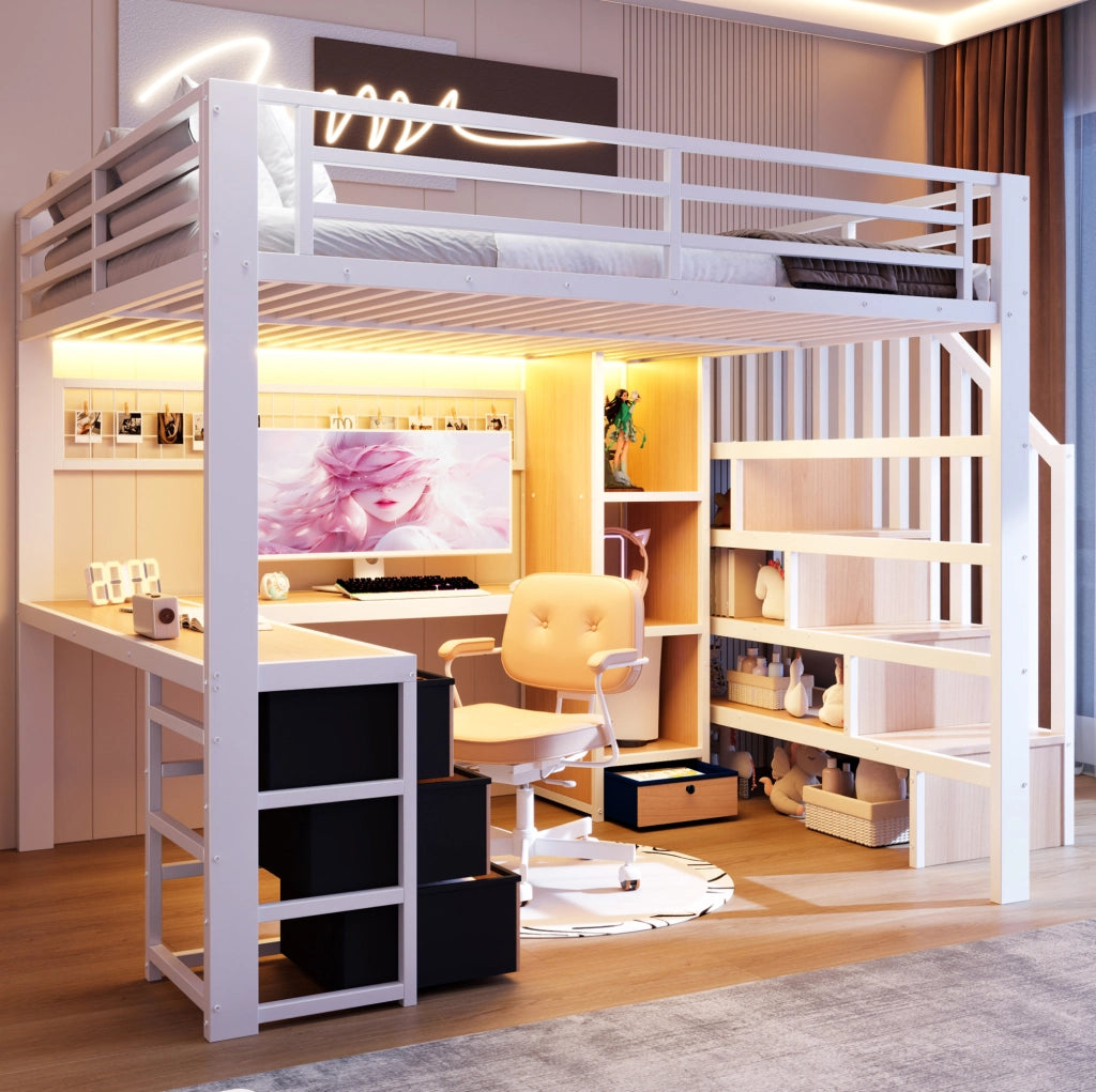 Letto a soppalco 140x200 cm in metallo e MDF bianco con scrivania; LED e contenitore