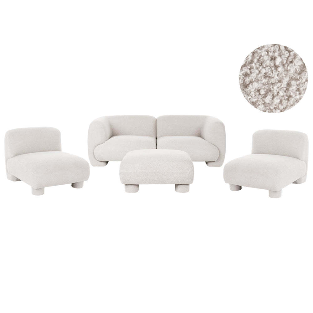 Set da salotto 4 posti con pouf, modulare dal profilo ribassato in stile organico e curvo bianco sporco