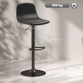Set di 2 sgabelli da bar girevoli regolabili in altezza; con schienale e poggiapiedi in pelle sintetica nera