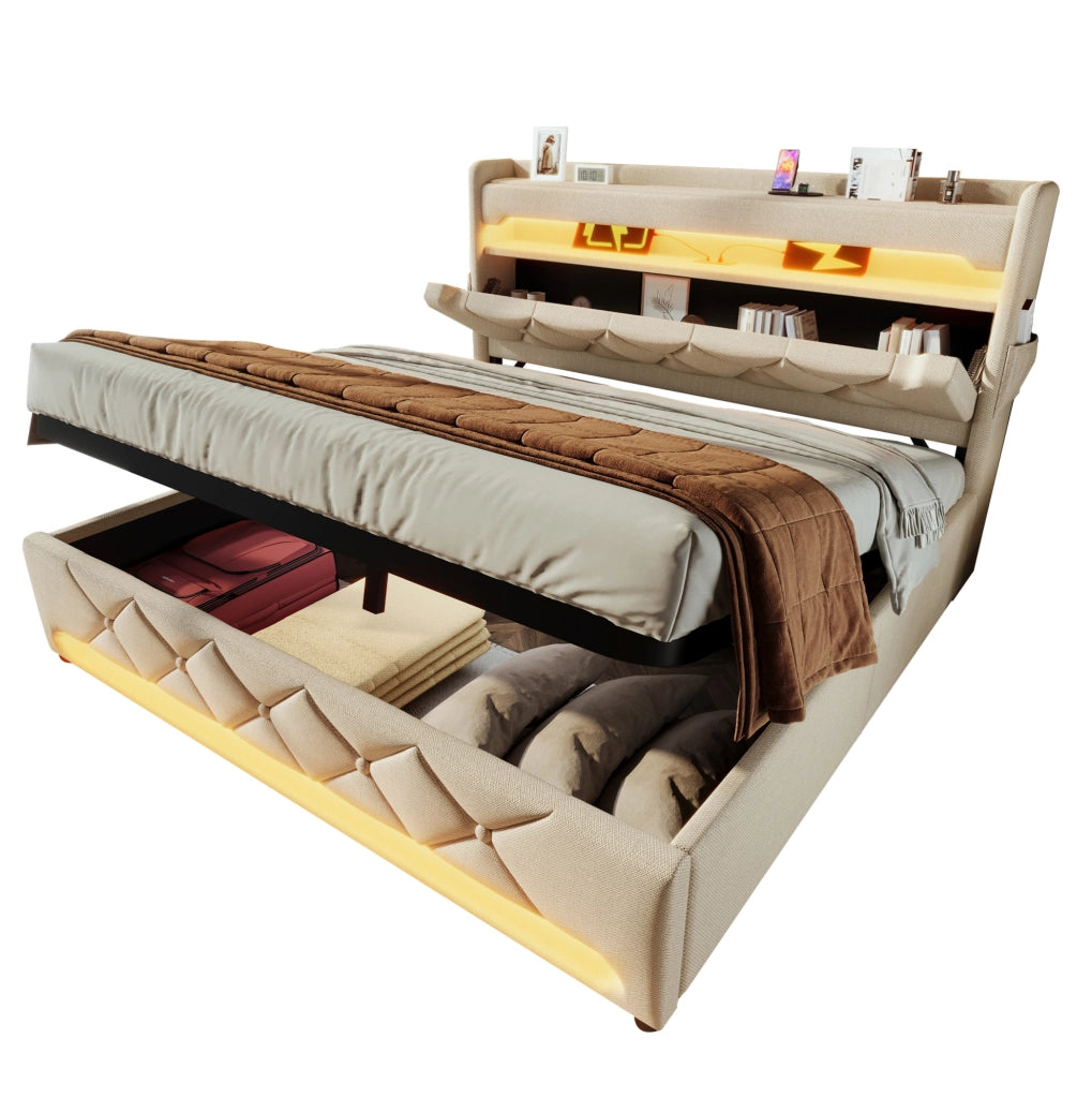 Letto matrimoniale 140x200 cm in lino beige con LED; USB; Type C; contenitore e materasso