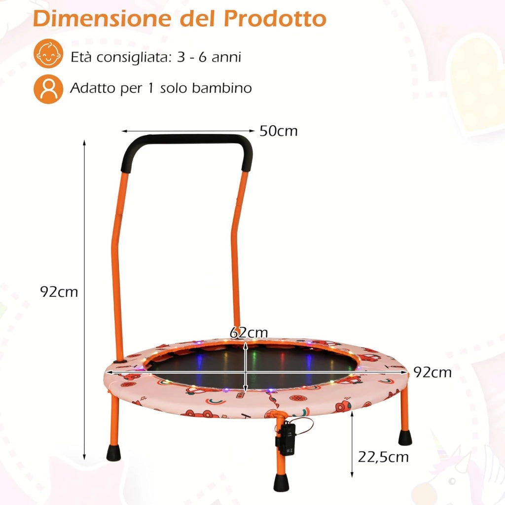 Trampolino per Bambini da Interno ed Esterno, Tappeto Elasctico Bambini 3-6 Anni in Acciaio con Maniglia Rimovibile, Luci LED, Cuscinetti Antiscivolo e Copertura Protettiva