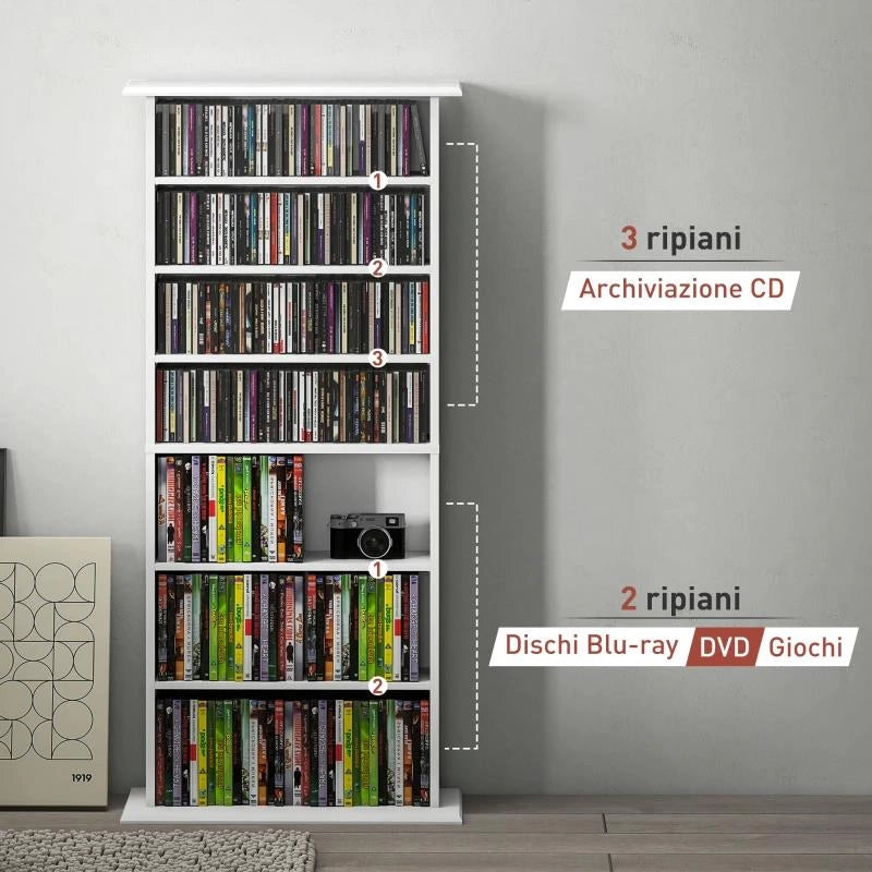 SCAFFALE PORTA CD CON 6 RIPIANI REGOLABILI, CAPACITÀ DI 360 CD/185 DVD, 58X24X124.5 CM, BIANCO