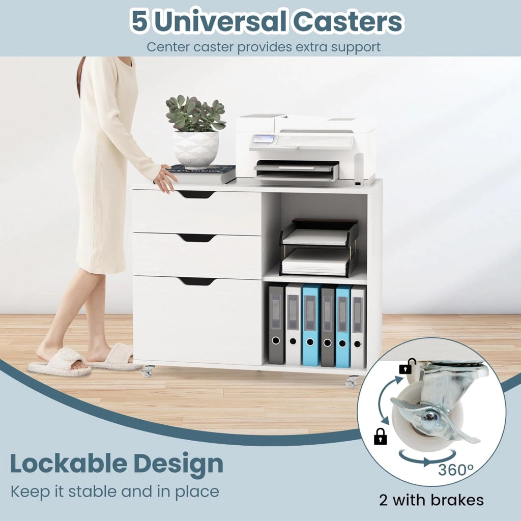 Cassettiera Ufficio con 5 Ruote Universali, Cassettiera Scrivania con 2 Scomparti, 3 Cassetti per File Lettera, A4, Legale, Schedario Portadocumenti con Ripiano Regolabile (Bianco)