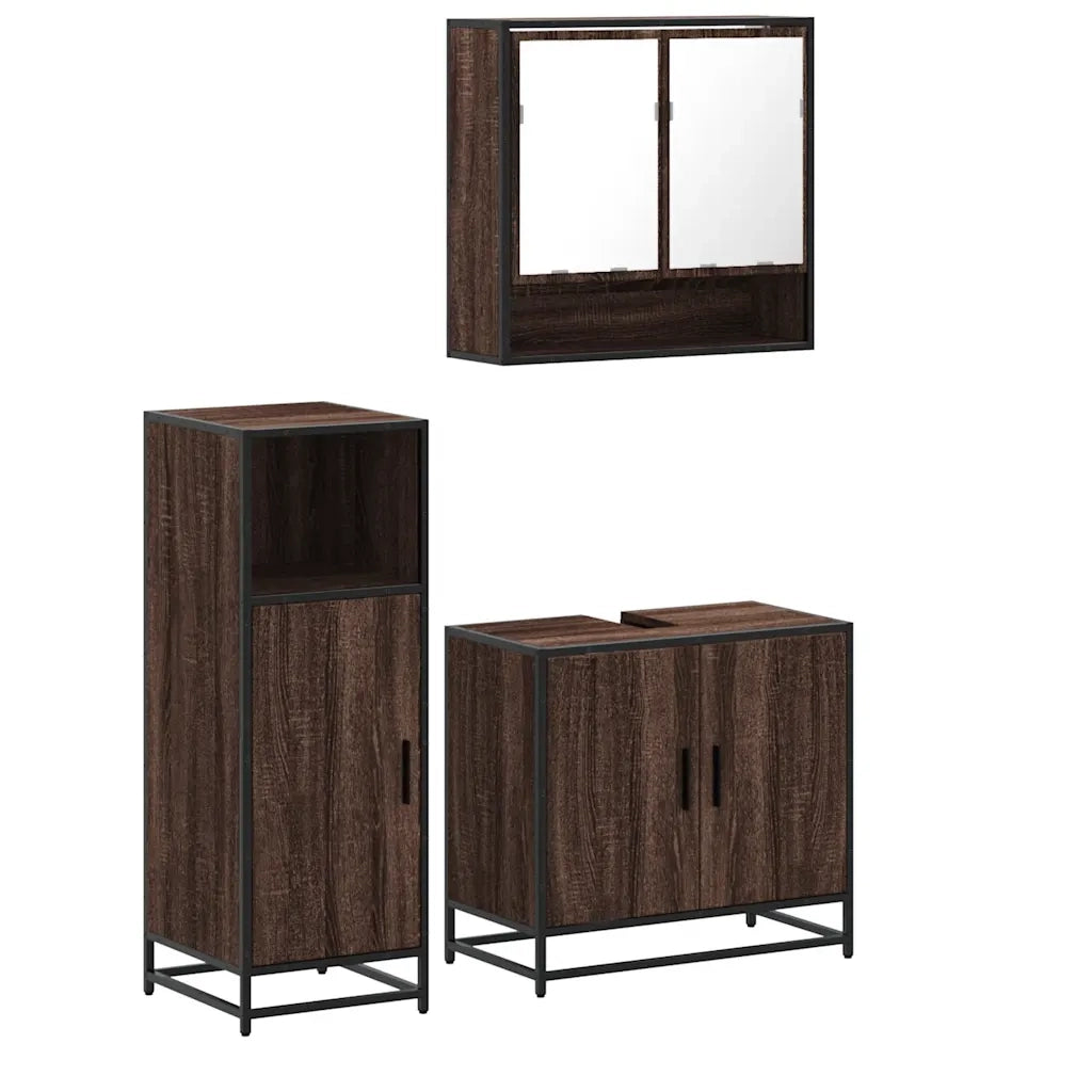Set Mobili da Bagno 3 pz Rovere Marrone in Legno Multistrato