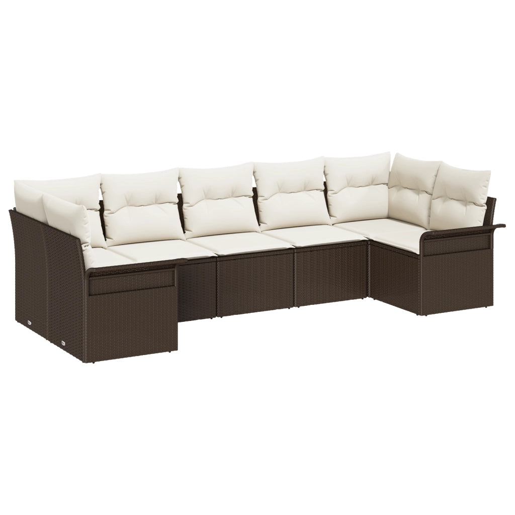 Set Divano da Giardino 7 Pezzi con Cuscini Marrone Polyrattan