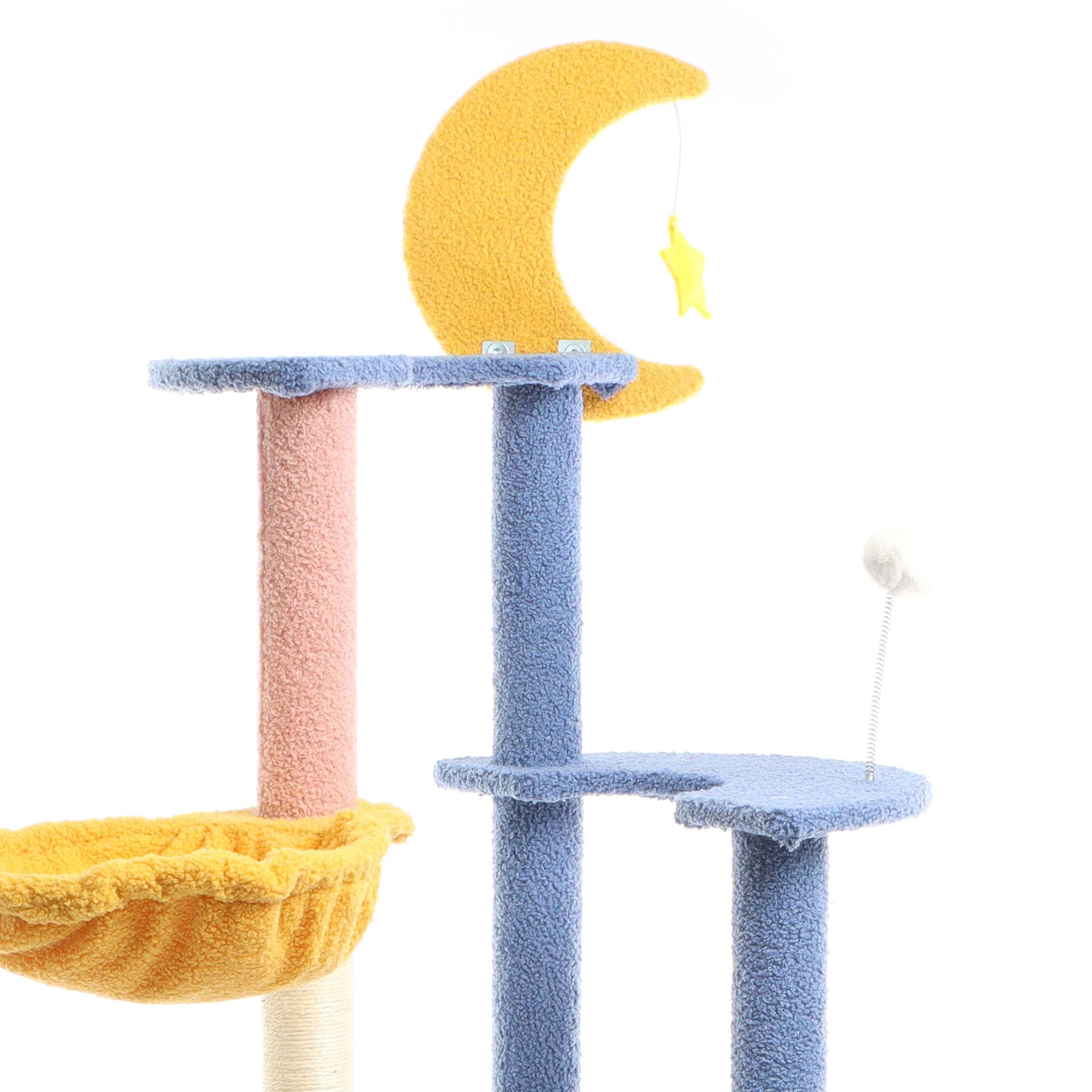 Fudajo Albero tiragraffi con luna e stelle 132cm blu e giallo Con casetta per gatti e sisal
