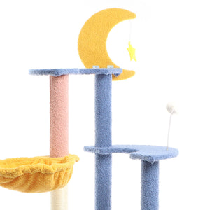 Fudajo Albero tiragraffi con luna e stelle 132cm blu e giallo Con casetta per gatti e sisal
