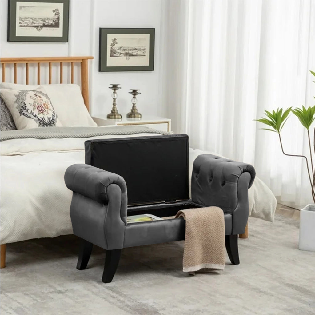 Divanetto In Velluto Panca Contenitore Pouf PortaOggetti Panca Sgabello A Pie Di Letto Cassapanca Ingresso Legno Massello Panchina - Stone