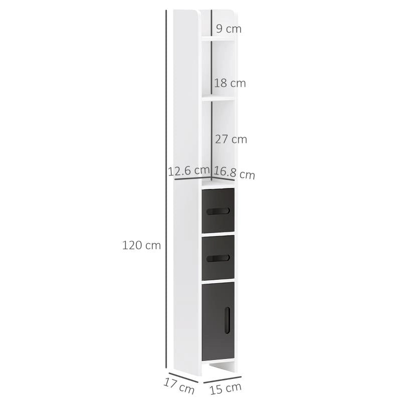COLONNA BAGNO CON 3 MENSOLE E 3 ARMADIETTI, IN LEGNO, 15X17X120 CM, BIANCO E NERO