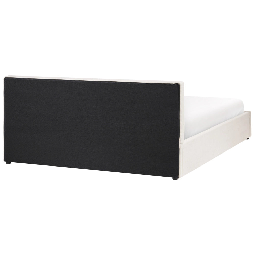 Letto rivestito in tessuto bianco sporco, 160 x 200 cm, testiera trapuntata con vano portaoggetti