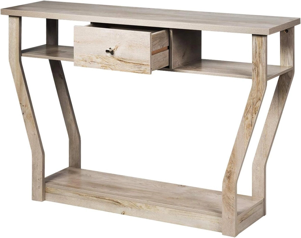 Tavolo Consolle Legno, a 3 Ripiani, Stretto e Compatto, Cassetto con Manico, Console per Soggiorno, Salotto, Ingresso, Portata di 60 kg, 120x30x81cm, 3 Colori (Grigio)