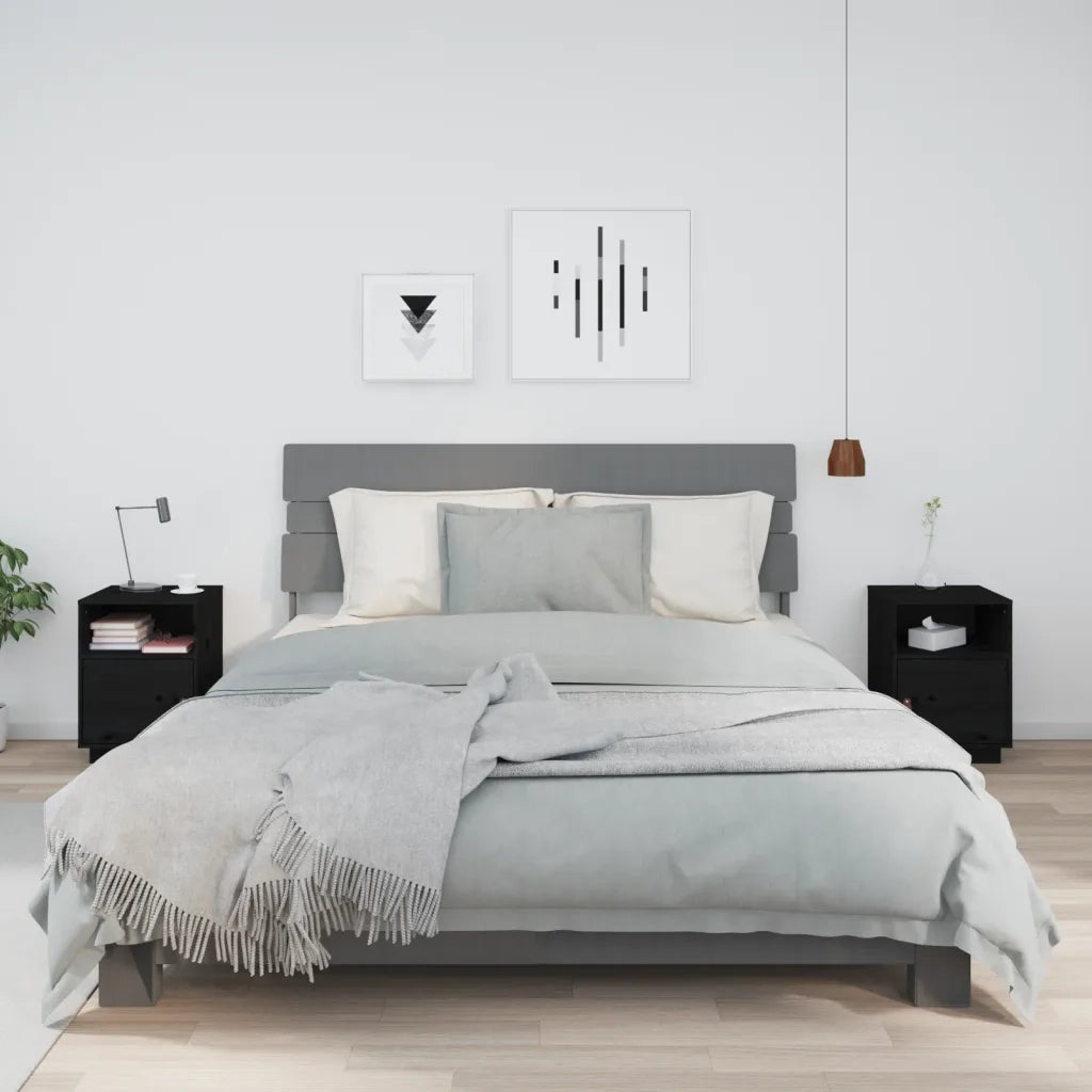 Set di 2 Comodini | Armadio da Notte | Mobiletto da notte Neri 40x34x55 cm in Legno Massello di Pino