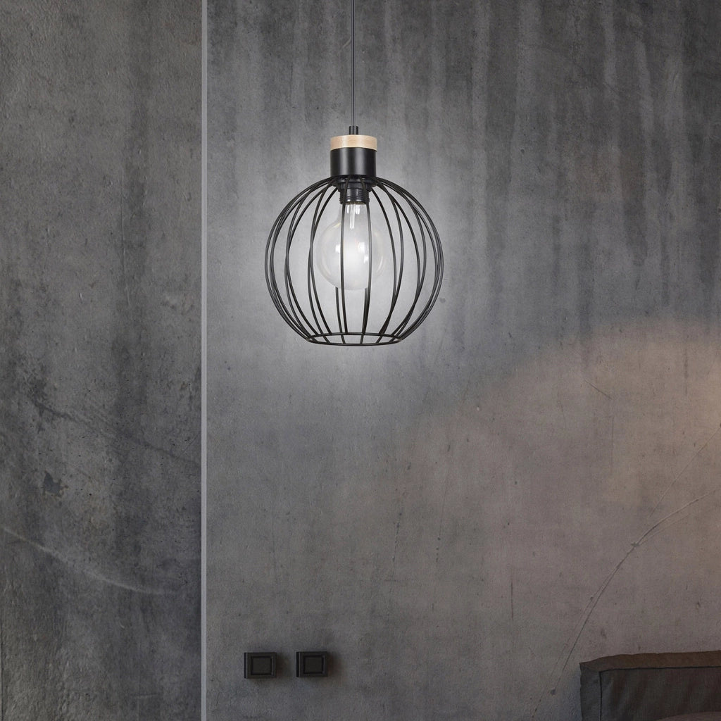 Sospensione 1 Luce Morgana Paralume A Gabbia In Acciaio Nero E Legno Naturale