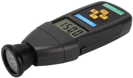 Stroboscopico flussimetro digitale con misurazione senza contatto, schermo LCD con illuminazione posteriore e visualizzazione della velocità di rotazione