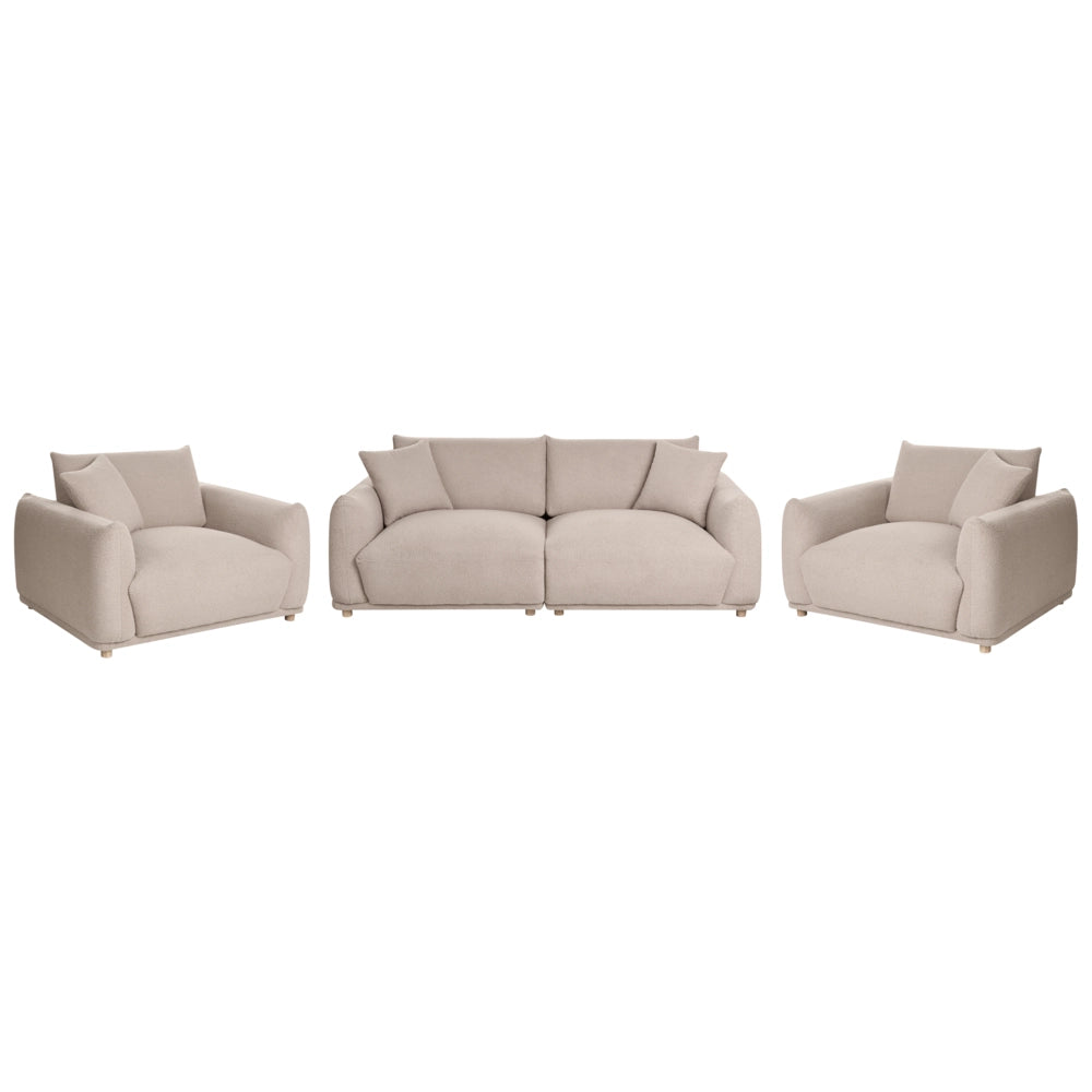 Set divano 5 posti in bouclé beige con cuscini decorativi, poltrone e gambe in legno Divano moderno per soggiorno