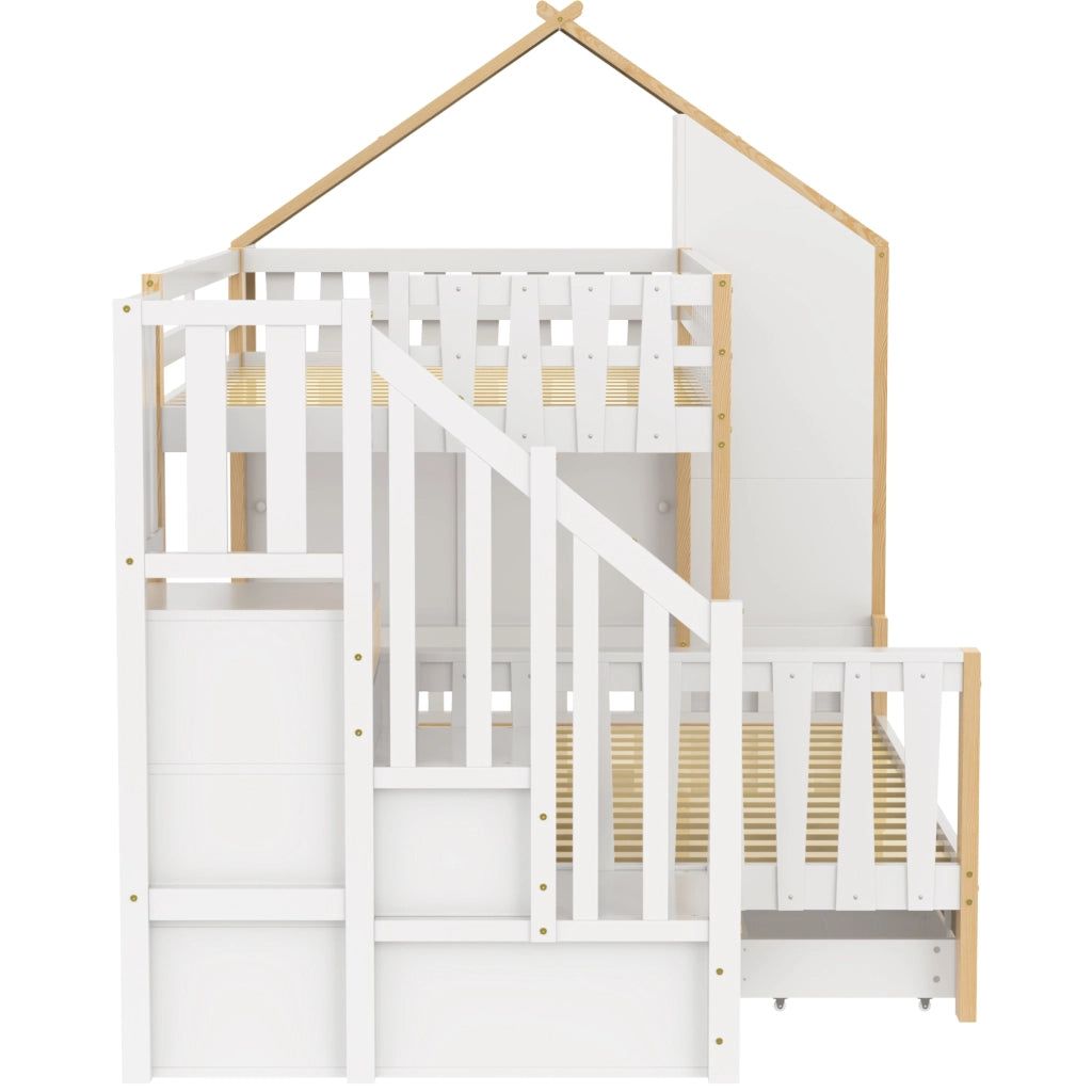OKWISH Letto a Castello 90×200 cm e 140×200 cm, Letto 3 Posti con Scala Contenitore, 4 Cassetti e Sponde, senza Materasso, Bianco Naturale