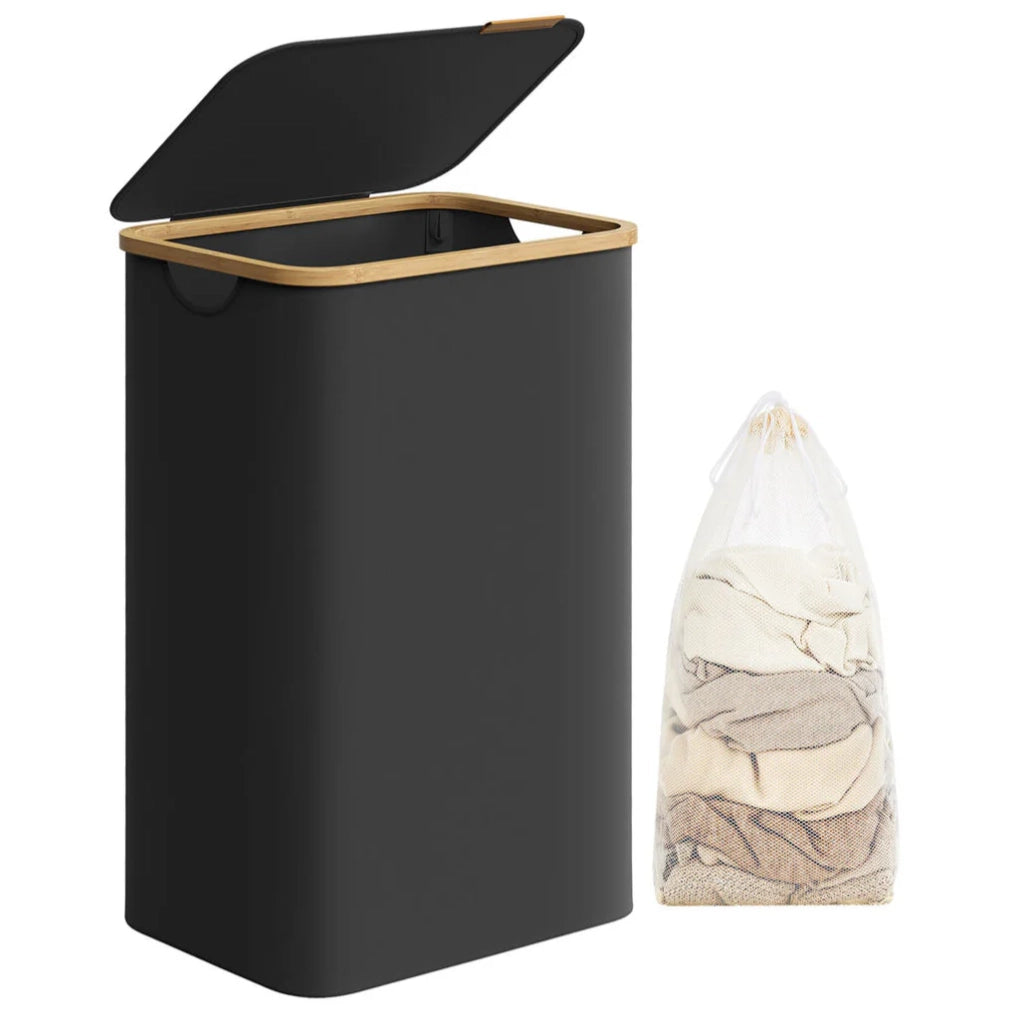 Cesto portabiancheria sottile con coperchio 65 litri salvaspazio fodera in rete rimovibile tessuto Oxford manici in bambù pieghevole nero 12_0006719