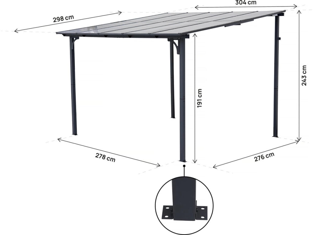 Pergola addossata "Marvin" - 3 x 3 m - 304 x 298 x 243 cm - Grigio scuro
