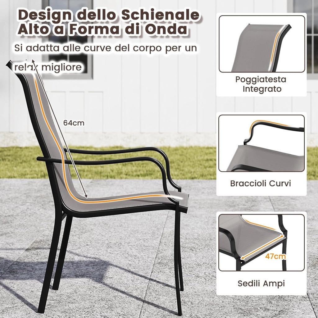 Set di 2/4 Sedie da Pranzo Giardino, Mobile da Pranzo con Schienale Alto, Struttura in Metallo, Poltrona per Esterno Giardio Balcone, Portata 150 kg