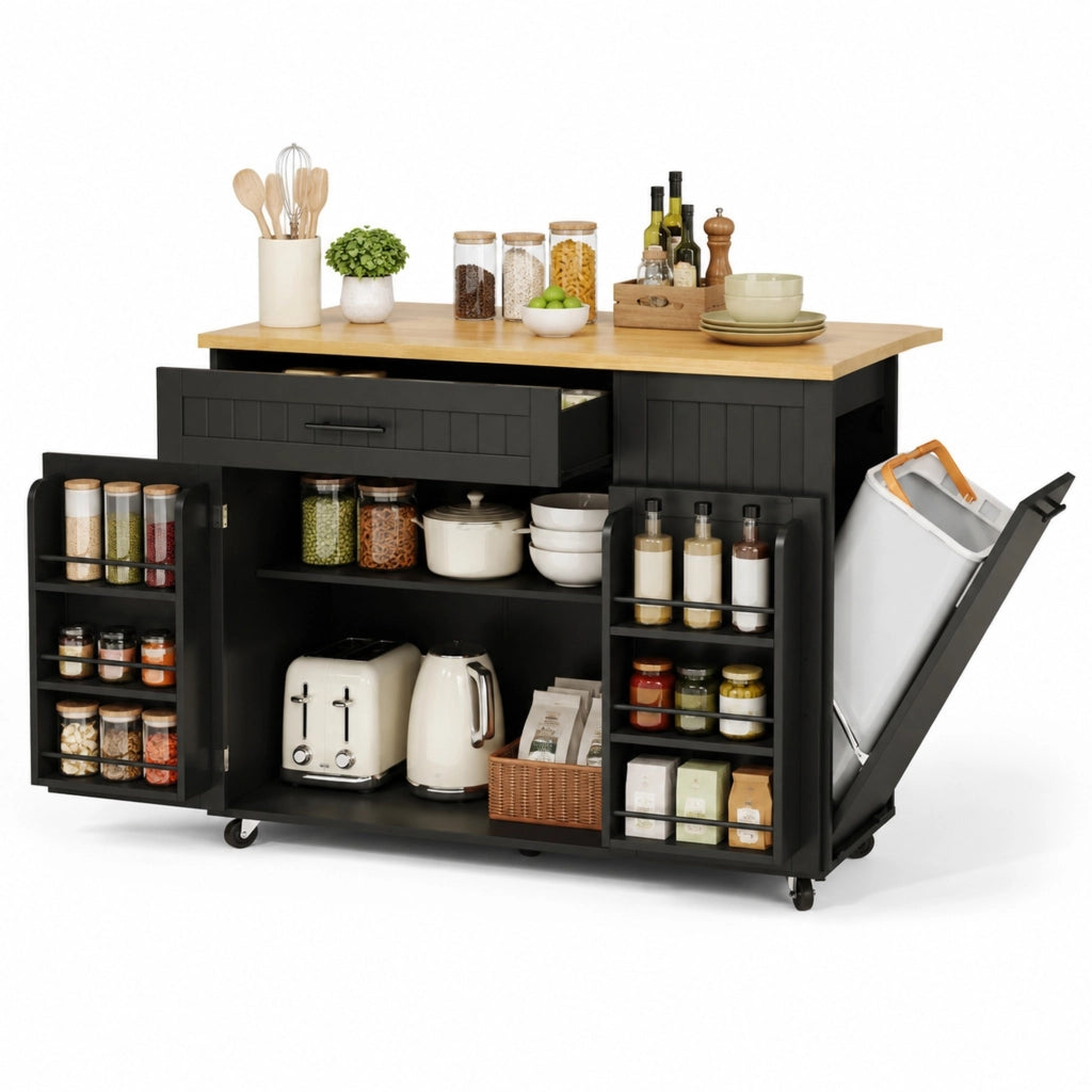 Isola da cucina con piano ribaltabile 130x70x93 cm in MDF nero; carrello con ruote bloccabili