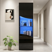 Vetrina alta con 4 ripiani e LED per soggiorno, design stretto, in vetro temperato, nero lucido, 35 × 50 × 165 cm