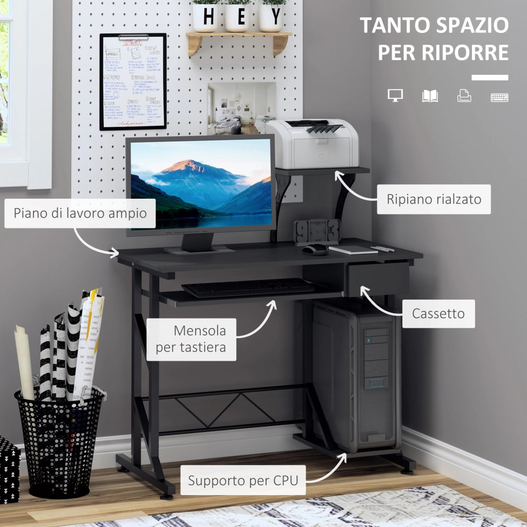 EasyComfort Scrivania per Computer Salvaspazio in Acciaio e Legno, Scrivania da Ufficio con Cassetto, Ripiano Tastiera Estraibile, 90x50x100 cm, Nero