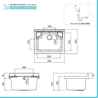 Mobile lavatoio salvaspazio 42x34 cm vasca completa di kit di scarico