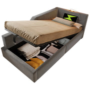 Letto contenitore 90x200 cm con lampada da lettura e USB-C; velluto grigio (Senza materasso)