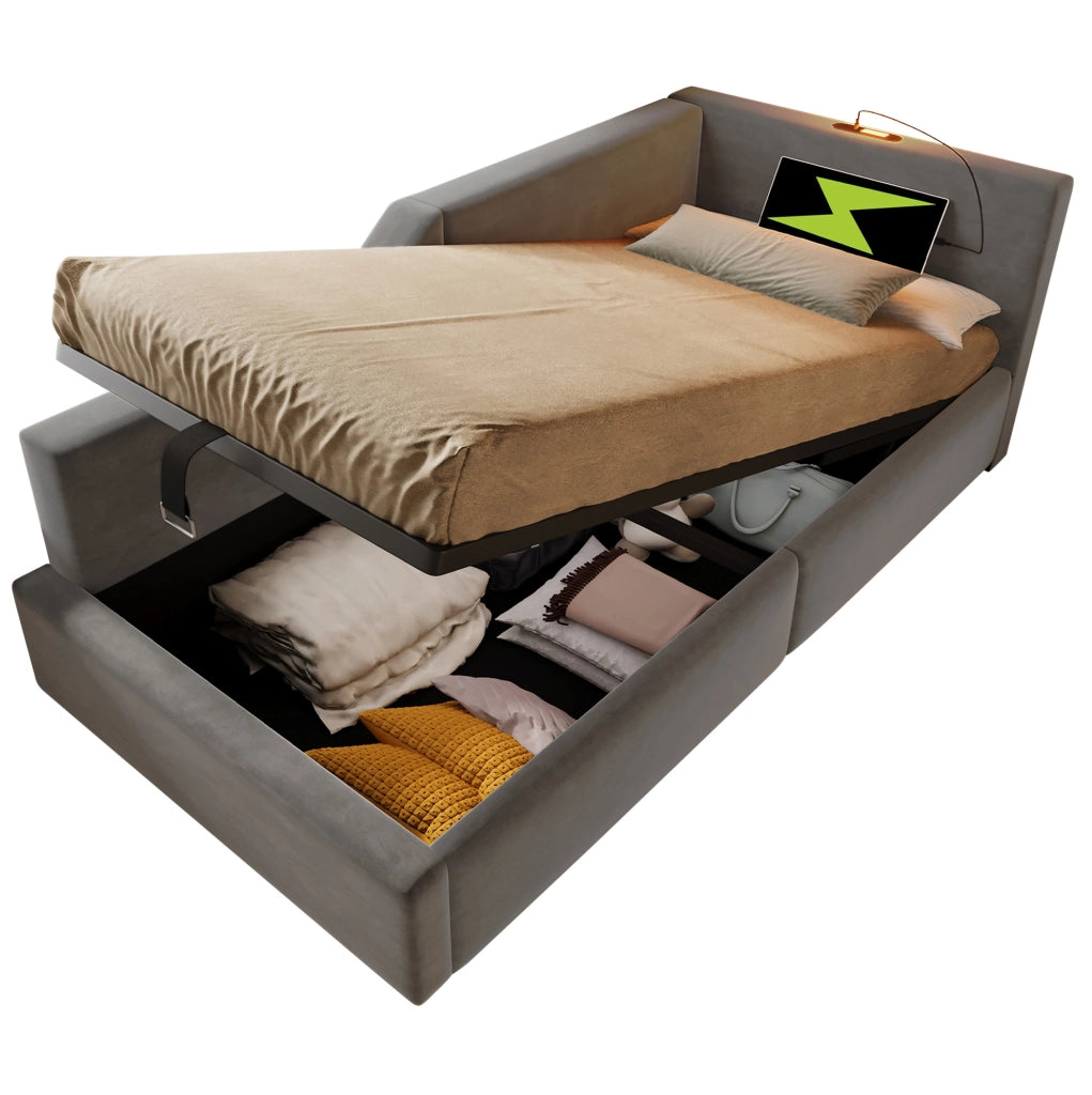 Letto contenitore 90x200 cm con lampada da lettura e USB-C; velluto grigio (Senza materasso)