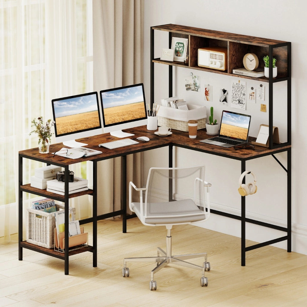 Scrivania per computer a forma di l con pensile ripiani e gancio libreria, Scrivania per computer ufficio domestico Marrone