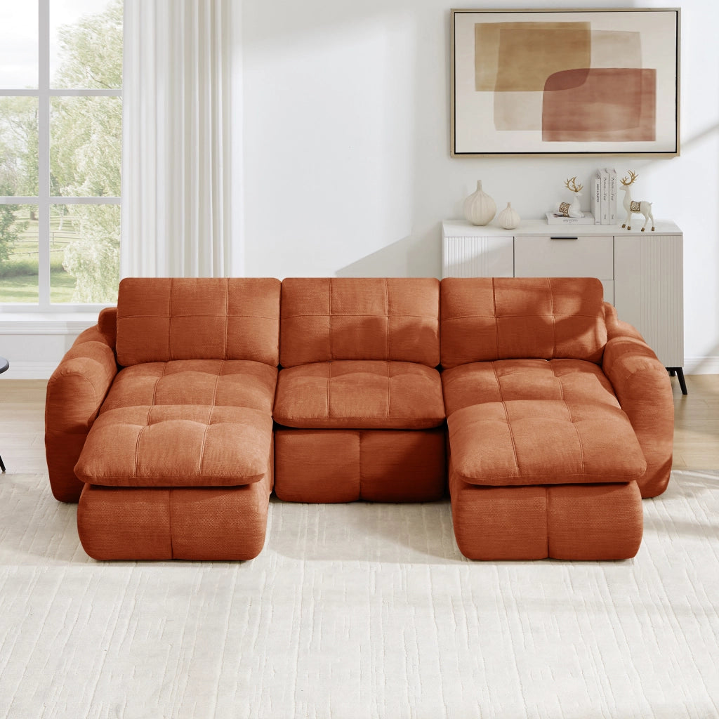 Divano modulare senza struttura con comfort ergonomico e seduta profonda in chenille arancione per soggiorno