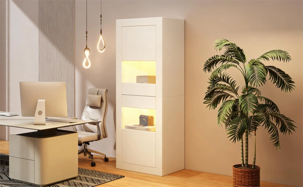 Vetrina con Illuminazione LED ¨C Xylo ¨C Bianco, Ripiani in Vetro, 61x42x162 cm
