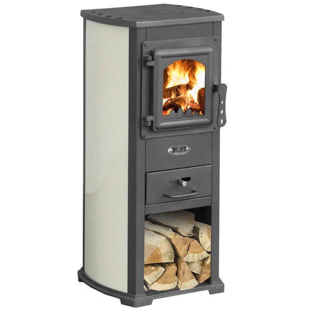 Stufa a legna con vano portalegna blist berna lux potenza termica 7 kw 120 m3 colore beige