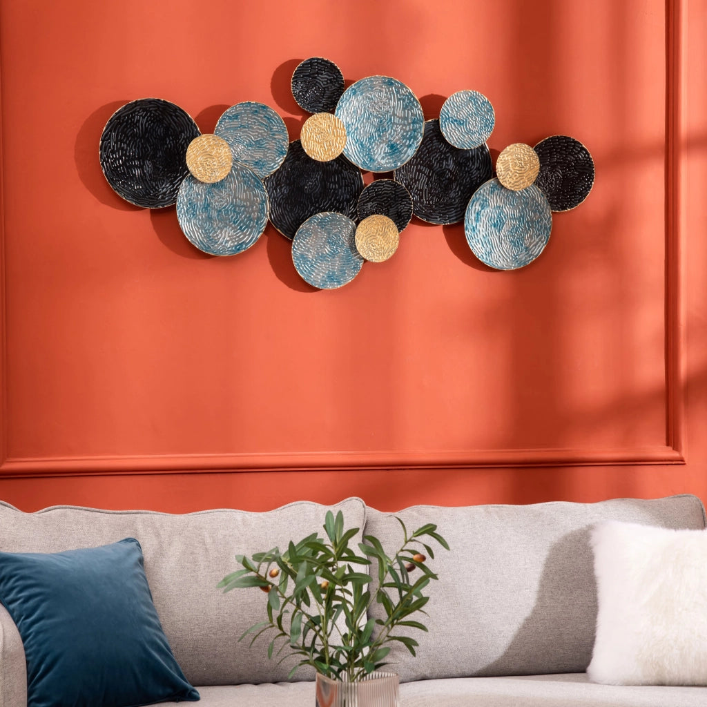 Decorazione Parete 3D con Cerchi ¨C zephmum ¨C Blu + Nero Metallo 121x4x53 cm