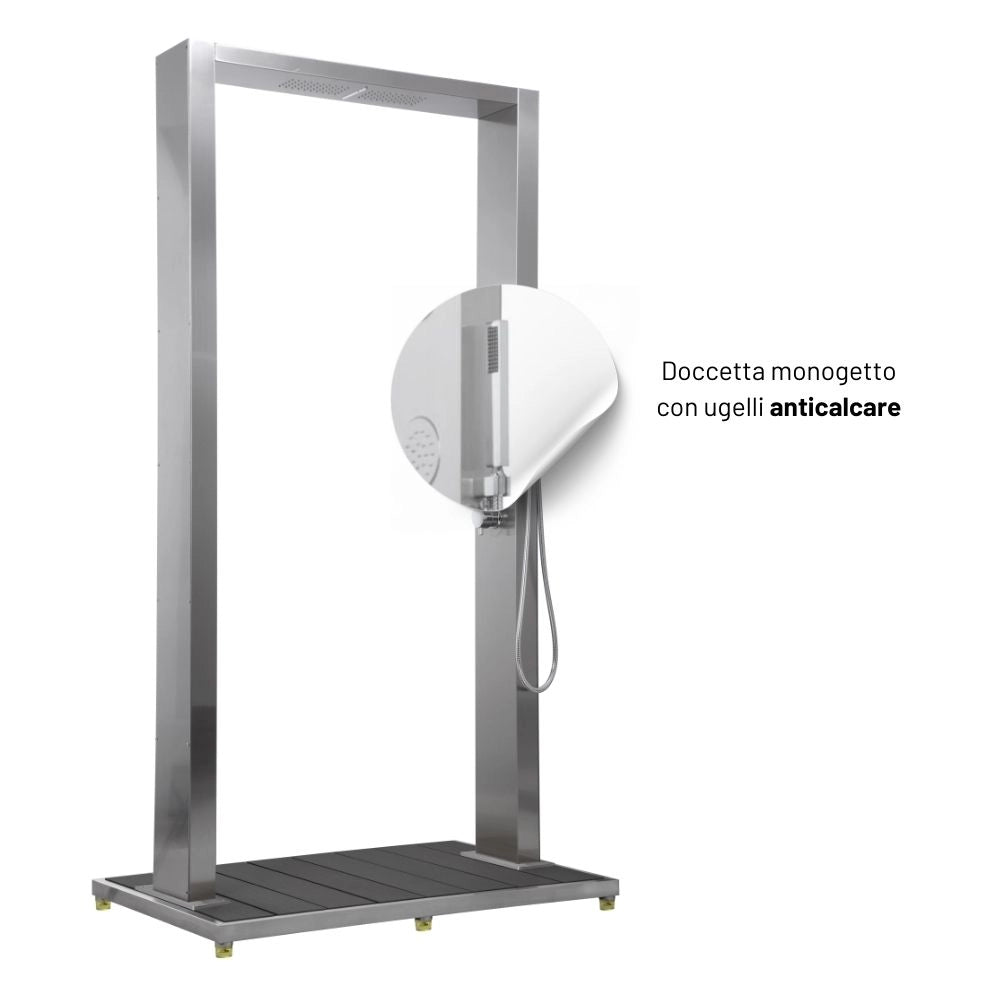 Colonna doccia da esterno doppia bamboo acciaio inox getti idro pedana wpc