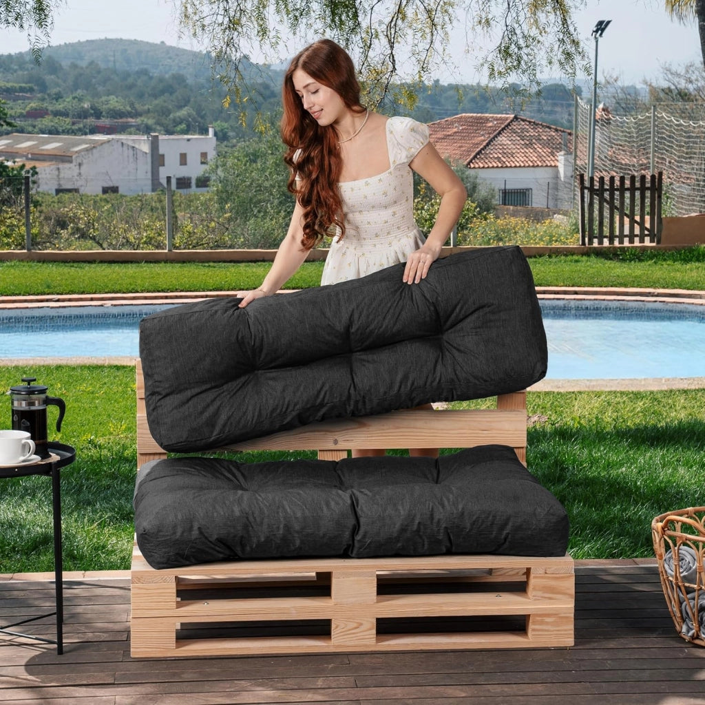 Cuscini per Pallet - Tessuto Idrorepellente e Anti-UV - Molto Confortevole, Imbottito in Schiuma - Cuscini per Divano Esterno Giardino (Seduta 120x80 cm + Schienale 120x40 cm, Nero)